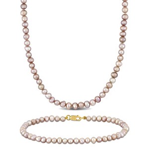 EVERLY JEWELRY | 14k Yellow Gold 3-4mm Pink Cultured Freshwater Pearl Necklace and Bracelet Set - 1 of 4