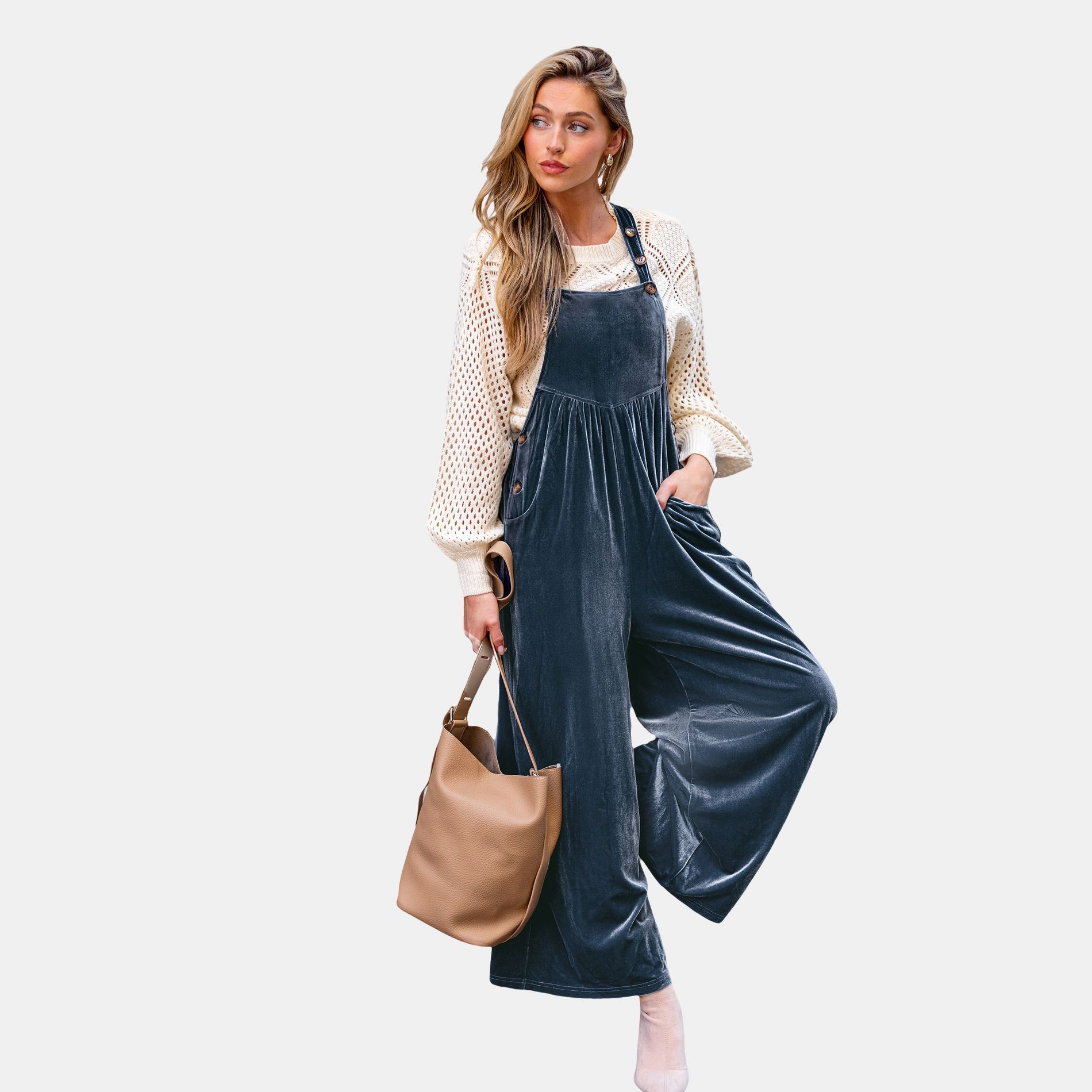 Women's Chic Square Neck Blue Velvet Jumpsuit  - Cupshe-S-Blue