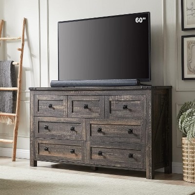 SinCiDo 7 Drawers Farmhouse Dresser & TV Stand, Rustic Wood Storage Cabinet for Bedroom, Living Room, Hallway Organization