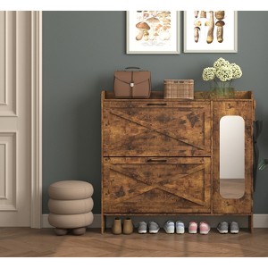 SKRAN Shoe Storage Cabinet with 2 Flip Drawers, Freestanding Organizer with Metal Legs for Entryway, Narrow Shoe Rack Cabinet, Rustic Brown - 1 of 4