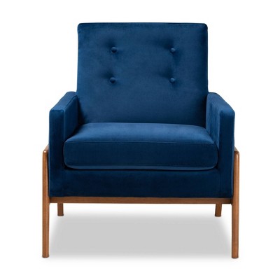 Navy Blue Velvet & Walnut Brown Wood Accent Chair