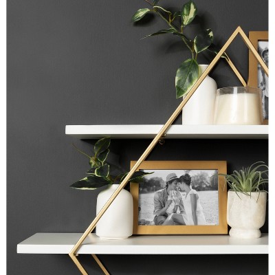 White and Gold Diamond Floating Wall Shelf with Wooden Accents
