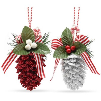 Red and White Glitter Pinecone Ornaments with Holly Leaves - Set of 10