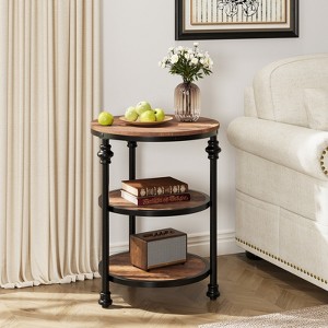 Garvee Round End Table with Storage Shelves, 3-Tier Round Side Table w/ Mental Support Legs, Rustic End Table Nighstand for Living Room Bedroom - 1 of 4