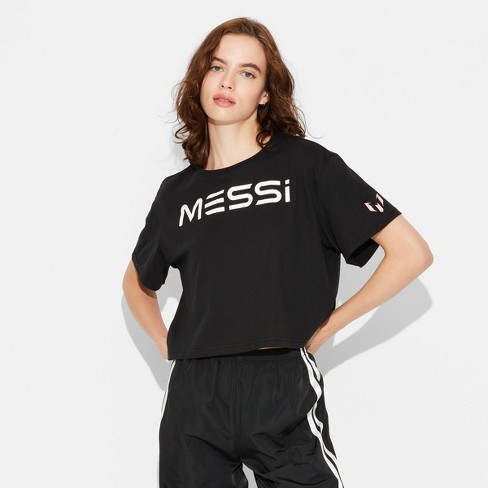 Women's Messi Short Sleeve Graphic Crop Top - Black - image 1 of 3