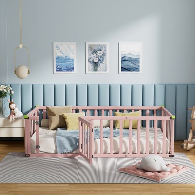 Twin Size Montessori Floor Bed Wooden Frame, w/Door and Safety Fence, Toddler Floor-Bed-Frame for Children Bedroom, for Boys and Girls, Pink