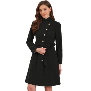 INSPIRE CHIC Women's Winter Stand Collar Button Down Mid Long Outerwear Pea Coat with Belt - 1 of 4