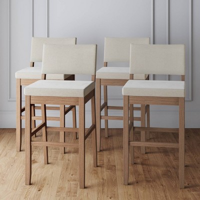 Linus Natural Flax Upholstered Bar Stools with Rubberwood Legs, Set of 4
