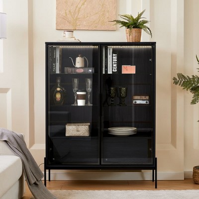 51.2'' Lighted Display Cabinet with Glass Doors and Drawers, Decorative Storage Cabinet with LED Lights and Metal Legs for Living Room-Maison Boucle