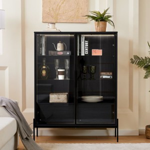 51.2'' Lighted Display Cabinet with Glass Doors and Drawers, Decorative Storage Cabinet with LED Lights and Metal Legs for Living Room-Maison Boucle - 1 of 4