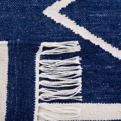 Ivory and Navy Geometric Handwoven Kilim Area Rug
