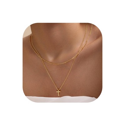 Turandoss Gold Layered Cross Necklace for Women Girls - Dainty Stack Chain Choker Necklace, Gold Jewelry for Women, Birthday Gifts, 15+2.5/17+2.5In