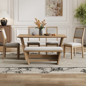 Dining Table Set For 6, Dining Sets 6 Piece, Dining Table Set, Modern Kitchen Table And Chairs With Bench Designed Trestle Base-Cuddlewood - 1 of 4