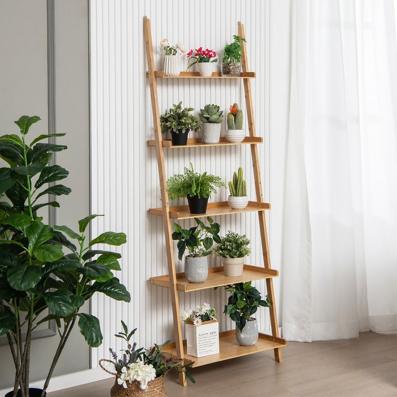 Costway 2 PCS 5-Tier Bamboo Ladder Shelf Wall-Leaning Display Bookcase Storage Rack, 2 of 11