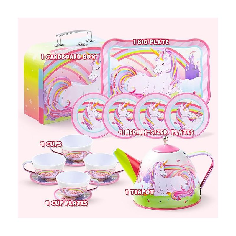 Syncfun Unicorn Castle Pretend Tea Set for Kids Toddlers Age 3 4 5 6, Princess Tea Party Set with Teapot, Cups, Plates and Carrying Case, 2 of 7