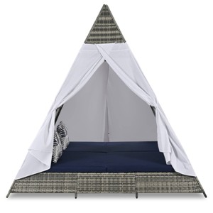 Nestfair Wicker Outdoor Day Bed Sunbed with Blue Cushion and Curtain Gray - 1 of 4