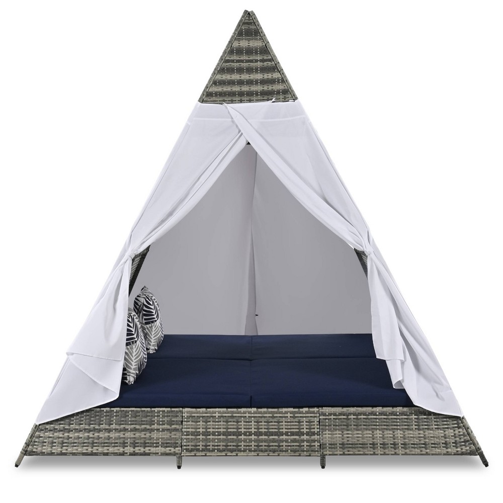 Nestfair Wicker Outdoor Day Bed Sunbed with Blue Cushion and Curtain Gray
