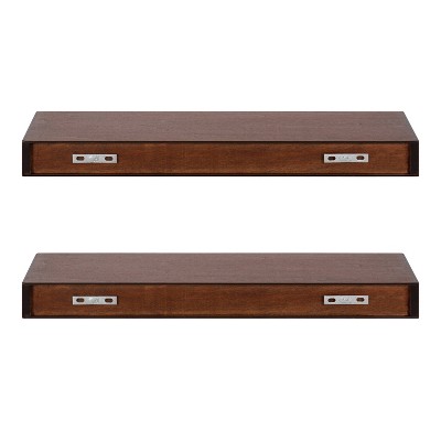 Mid-Century Modern Walnut Brown Solid Wood Floating Shelves, Set of 2