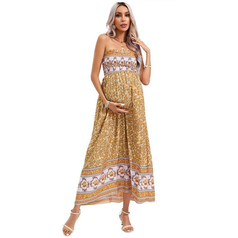 Maternity Sleeveless Smocked Dress Summer Casual Strapless Boho Flowy Tube Top Maxi Dress Photoshoot Baby Shower, 1 of 8