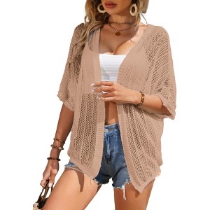 Womens Short Sleeve Mesh Cardigan Drop Shoulder Cardigan Semi-Sheer Sweater Cardigan Lightweight Beach Cover Up - 1 of 2