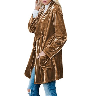 Garvee Women Open Front Lapel Long Sleeve Gold Velvet Maxi Coat With Pockets