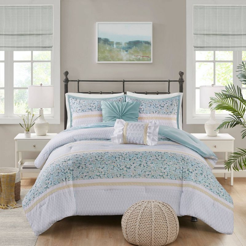 5pc Full/Queen Tulia Seersucker Comforter Bedding Set with Throw Pillows Aqua Blue - Madison Park, 3 of 12