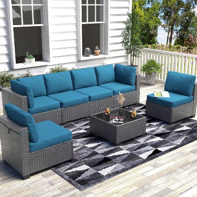 7-Piece Patio Furniture Set, Outdoor Sectional Sofa w/ Dining Table & Thick Cushions, All-Weather PE Wicker for Garden, Deck, Lawn