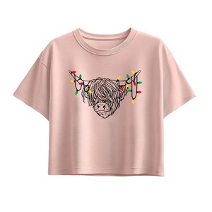 Girls' - Instant Message - Christmas Highland Cow Short Sleeve Boxy Graphic T-Shirt - 1 of 2