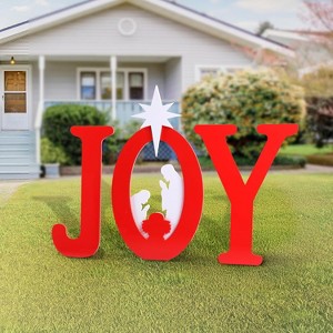 VINGLI 46in Joy Christmas Nativity Outdoor Decoration 3 Piece Yard Decor Sign Holy Weather Resistant PVC Silhouette for Garden, Red - 1 of 4