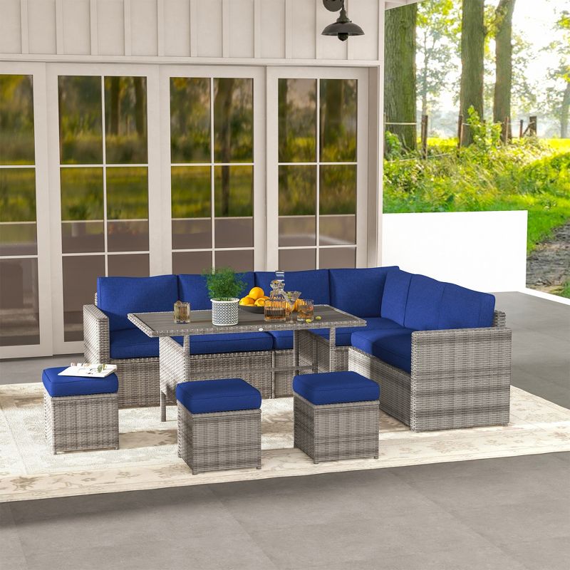 Outsunny 7 Piece Patio Furniture Set, Outdoor L-Shaped Sectional Sofa with 3 Loveseats, 3 Ottoman Chairs, Dining Table, Cushions, Storage, Dark Blue, 2 of 7