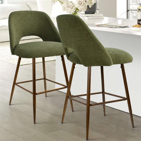 26 inches Edwin Olive Green Upholstered Counter Height Stool Set of 2 Walnut Leg The Pop Maison