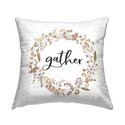 Stupell Industries Gather Phrase Rustic Leaf Wreath Soft Autumn Design Printed Pillow, 18 x 18