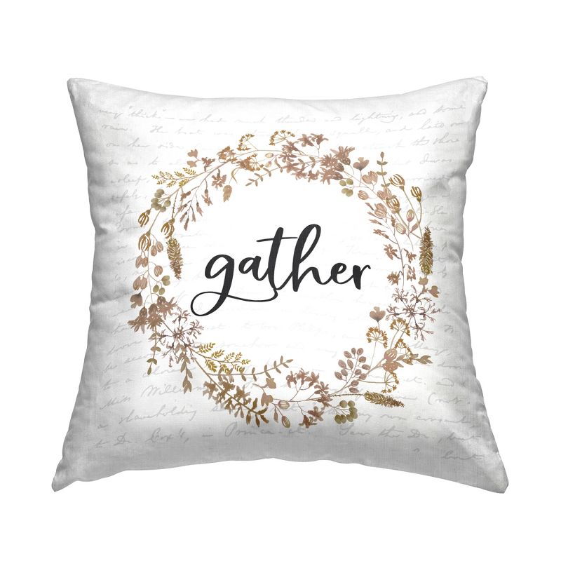 Stupell Industries Gather Phrase Rustic Leaf Wreath Soft Autumn Design Printed Pillow, 18 x 18, 1 of 3