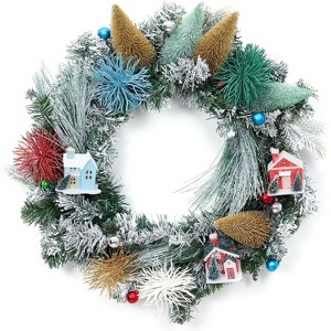 24 Inch Christmas Wreaths for Front Door, Artificial Xmas Wreath with Tree and Little House Decorations, for Home Wall Window Indoor Outdoor Winter - 1 of 4