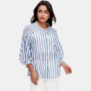 Knit & Lounge Women’s Striped Button Down Blouse 3/4 Balloon Sleeves Relaxed Fit Lightweight Woven Top - 1 of 4