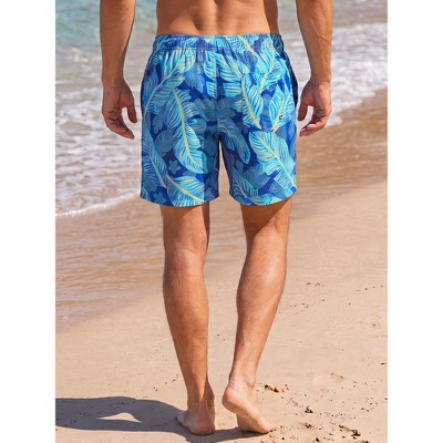 INSPIRE CHIC Men's Summer Tropical Leaf Print Lined Drawstring Swimming Beach Shorts Small Navy Blue — фото 3
