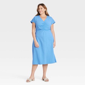 Women's Short Sleeve Ruched Front Midi Shift Dress - Ava & Viv™ - 1 of 3