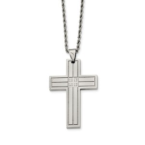 Black Bow Jewelry Stainless Steel Grooved Cross w/Cubic Zirconia's Necklace - 24 Inch - 1 of 4
