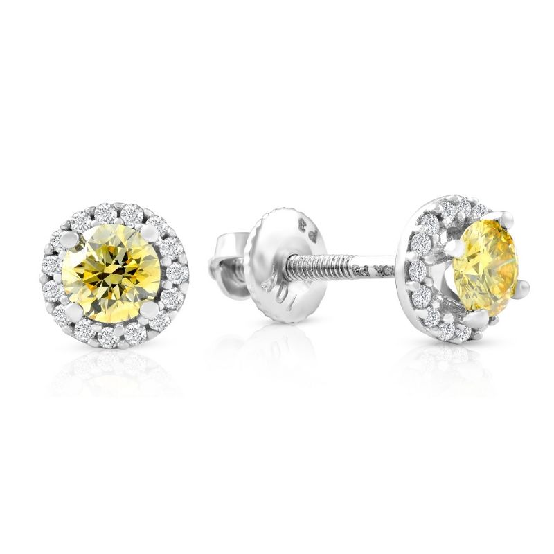 Pompeii3 1/2 Ct Halo Fancy Canary Yellow Lab Created Diamond Studs 10k White Gold Earrings, 2 of 4