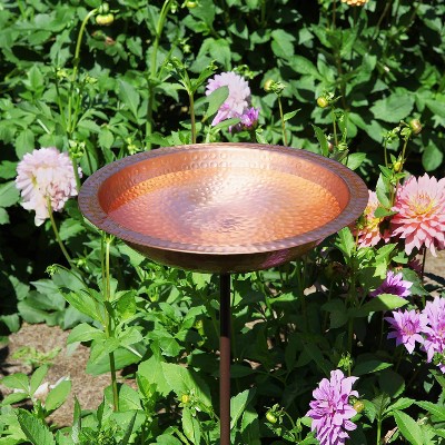 Hammered Solid Copper Birdbath with Wrought Iron Stake