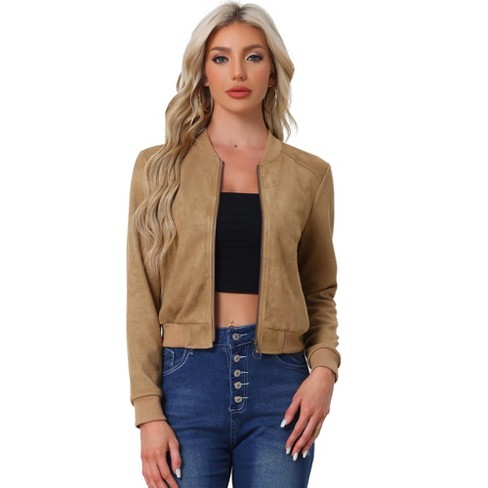 Allegra K Women's Faux Suede Cropped Stand Collar Zip-up Bomber Jackets  Khaki X-large : Target