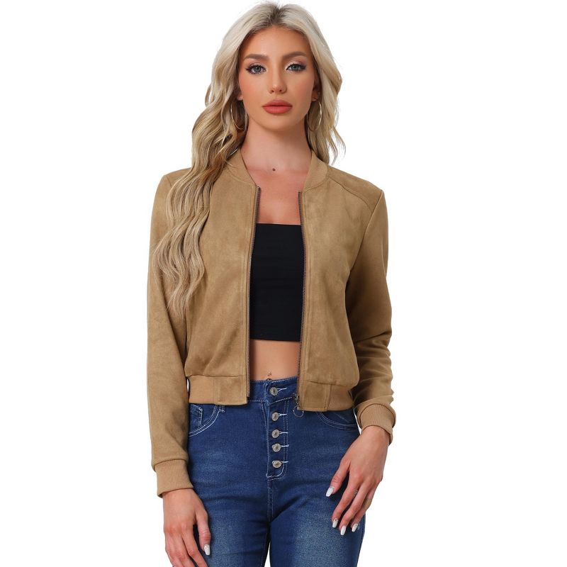 Allegra K Women's Faux Suede Cropped Stand Collar Zip-Up Bomber Jackets, 1 of 6