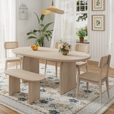 Modern Wooden Dining Set for 6 Oval 71" Dining Table with 4 Rattan Back Dining Chairs and 38" Bench-Tanpinhause