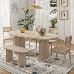 Modern Wooden Dining Set for 6 Oval 71" Dining Table with 4 Rattan Back Dining Chairs and 38" Bench-Tanpinhause - 1 of 4