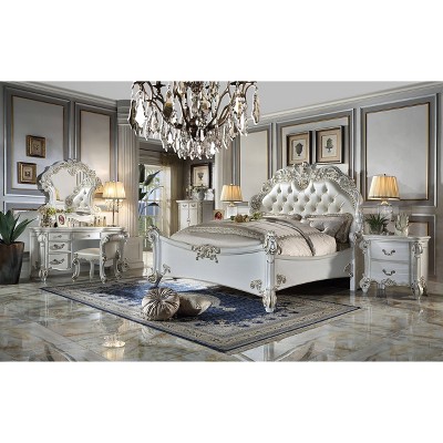 Vendome Queen Bed with Antique Pearl Finish and Tufted Upholstery