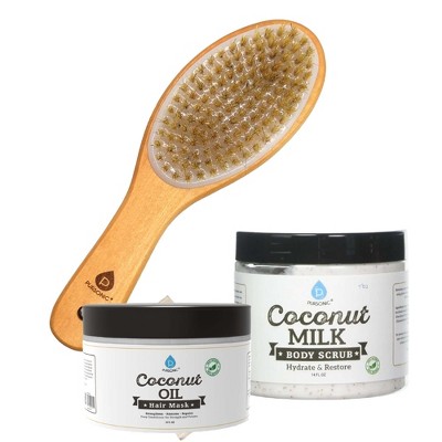 Pursonic Bath Body Brush With Lotus Wooden Handle & Coconut Care Bundle