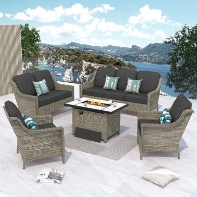 XIZZI 5 Pieces Furniture Set with Fire Pit Table, All Weather PE Conversation Set with 3 Seater Sofa, Loveseat and High Back Rattan Chairs