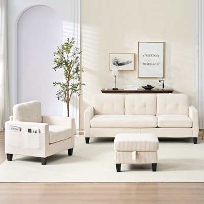 Mjkone 76" Comfort L-Shaped Sectional Sofa Set,Corduroy 3-Seater with Moveable Storage Ottoman/Loveseat/Single Sofa Couch