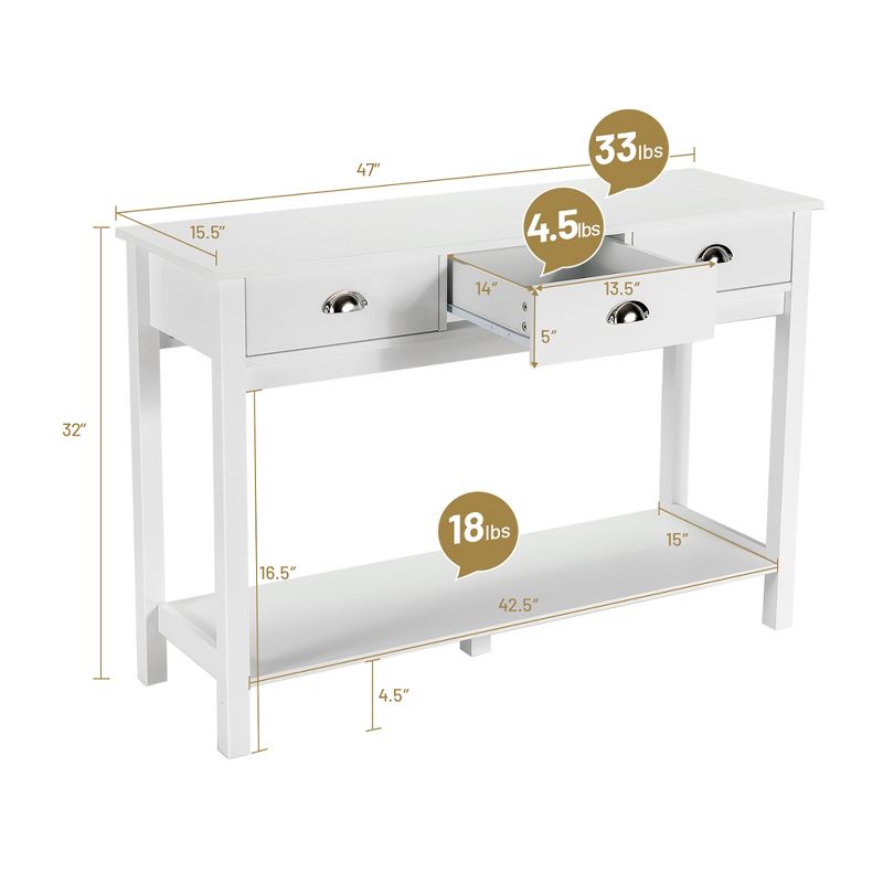 Costway Console Table with 3 Drawers Bottom Shelf Sofa Side Table Entryway White, 2 of 11
