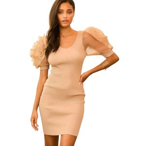 Slickblue V Neck Bubble Sleeve Midi Dress for Women, Floral Lace Contrast, Bodycon Fit, Acrylic, Taupe/Black, Size S-L - 1 of 4
